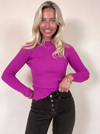High Neck Ribbed Knitted Top / Fuchsia