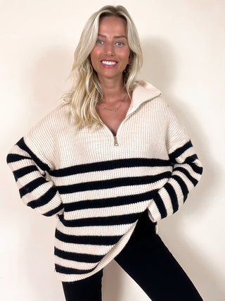 Knitted Striped Zipper Sweater / Beige - Black