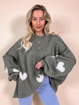 Oversized Heart Sweater / Khaki-White