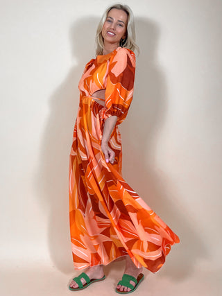 Floral Maxi Dress With Cut-Out Detail / Orange